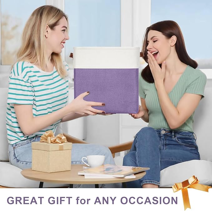 13x13 Cube Storage Bins, Collapsible Fabric Storage Box, 4 Pack Closet Baskets with Handles for Organizing, Shelf, Toys, Clothes, Home, Office, Nursery (Purple&White)-BubblyBeeBaby