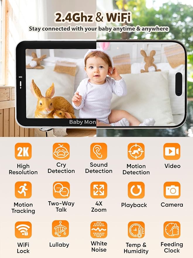 iFamily WiFi Baby Monitor with App – Smartphone Baby Monitor with 5" HD Monitor & 2K Camera, Night Vision, 2-Way Talk, Motion Tracking&Alerts, Temp Sensor, Lullabies,Secure WiFi Lock-BubblyBeeBaby