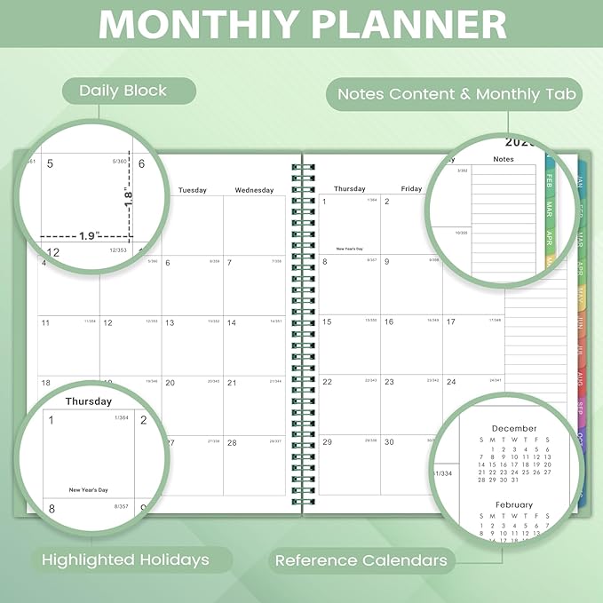 2026 Monthly Planner/Calendar - 2026 Planner, JAN 2026- DEC 2026, Planners with Colorful Tabs, Monthly Planners 2026 for Daily Organizing - Waterproof Cover (8" x10", Note Pages, Green)-BubblyBeeBaby