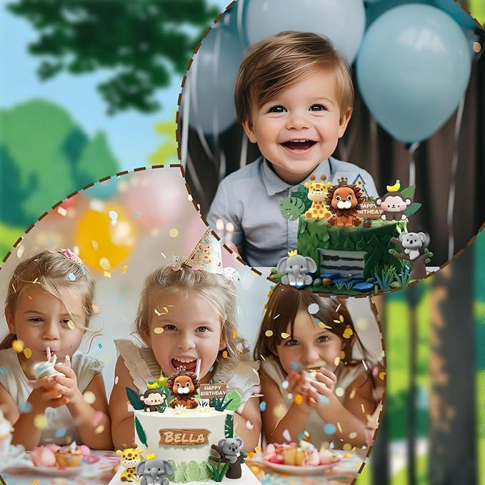 22PCS Safari Animal Cake Toppers & Wild One Birthday Decorations - Jungle Cake Topper with Leaves for Animal Themed Birthday Party Decorations, Safari Cake Decorations for Zoo Theme Cakes Accessories-BubblyBeeBaby