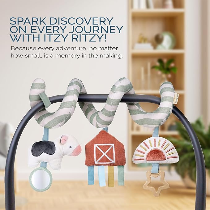 Itzy Ritzy Spiral Car Seat & Stroller Activity Toy - Stroller & Car Seat Toys for Ages 0 Months and Up - Hanging Toys Include Dangling Ring, Mirror and Textured Ribbons (Farm)-BubblyBeeBaby
