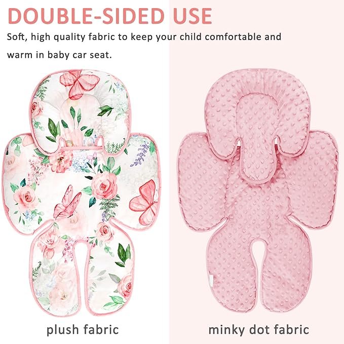 2 in 1 Infant Car Seat Insert, Adjustable Car Seat Head Support Baby Girls Boys, Soft Newborn Carseat Insert Cushion, Perfect for Carseats, Strollers, Swings (Pink Flower)-BubblyBeeBaby