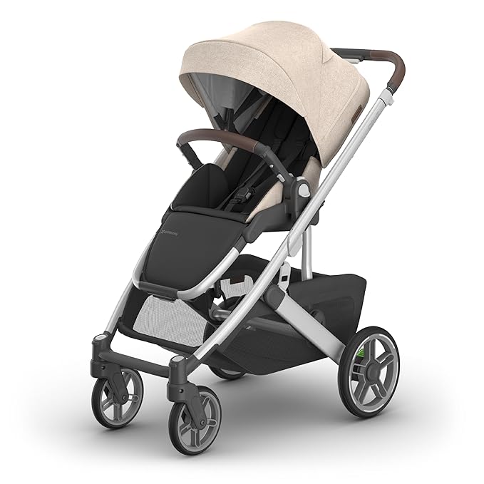UPPAbaby Cruz V3 Stroller - from Birth + Car Seat Compatible - Full-Size, Reversible Seat - Infant Insert, Bug and Rain Shields Included - Declan (Oat Mélange/Silver Frame/Chestnut Leather)-BubblyBeeBaby