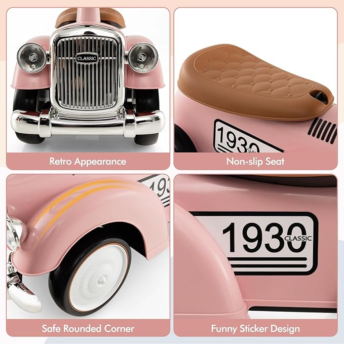 HONEY JOY Ride On Push Car, Outdoor Toddler Riding Toys w/Steering Wheel, Horn & Storage, Foot-to-Floor Sliding Car, No Batteries, Retro Baby Ride On Toys for Boys and Girls (Pink)-BubblyBeeBaby