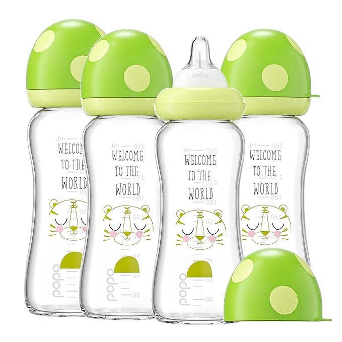 YOHKOH Natural Glass Baby Bottle with Natural Response Nipple, Newborn Anti-Colic Baby Bottles, Wide Neck Mushroom Cap Baby Bottle, Clear (8.8ounce (Pack of 4), Green1)-BubblyBeeBaby