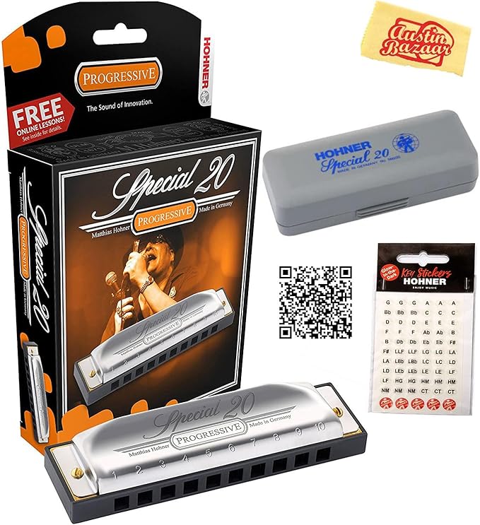 Hohner Special 20 Harmonica - Key of G Bundle with Carrying Case, Key Stickers, Online Manual, and Austin Bazaar Polishing Cloth-BubblyBeeBaby