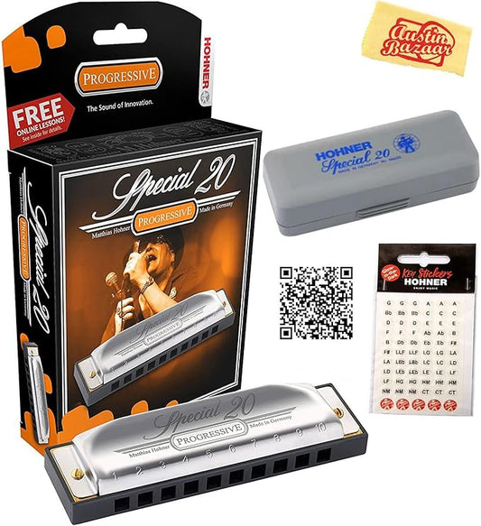 Hohner Special 20 Harmonica - Key of G Bundle with Carrying Case, Key Stickers, Online Manual, and Austin Bazaar Polishing Cloth-BubblyBeeBaby