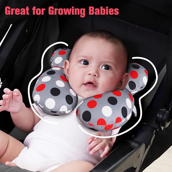 KAKIBLIN Baby Travel Pillow,Baby Neck Pillows for Car Seat,Upgraded Baby Head Pillow,Toddler Head and Neck Baby Support Pillow for Car Seat, Pushchair,Travel (Grey Pot)-BubblyBeeBaby