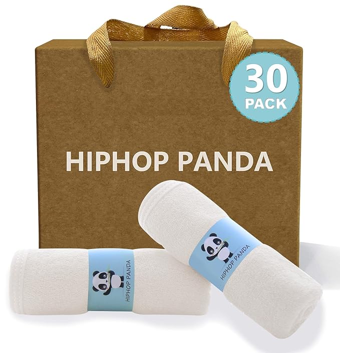 HIPHOP PANDA Baby Washcloths, Rayon Made from Bamboo - 2 Layer Ultra Soft Absorbent Newborn Bath Face Towel - Reusable Baby Wipes for Delicate Skin - Ivory, 30 Pack-BubblyBeeBaby