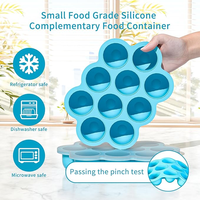 10 Cavities 2 OZ Portions Silicone Baby Food Freezer Tray with Lid, Baby Food Storage Containers,For freezing and storing Breast Milk,ice cube,Fruit Purees,leftovers(Blue)-BubblyBeeBaby