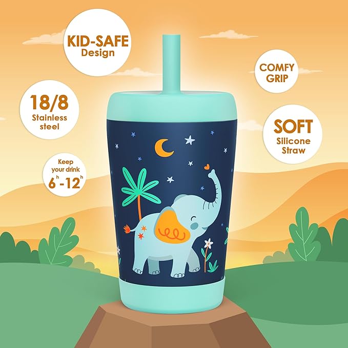 Kid Insulated Stainless Steel Tumbler with Silicone Straw, 12oz Sippy Cup for Kids (Dreamy Elephant)-BubblyBeeBaby