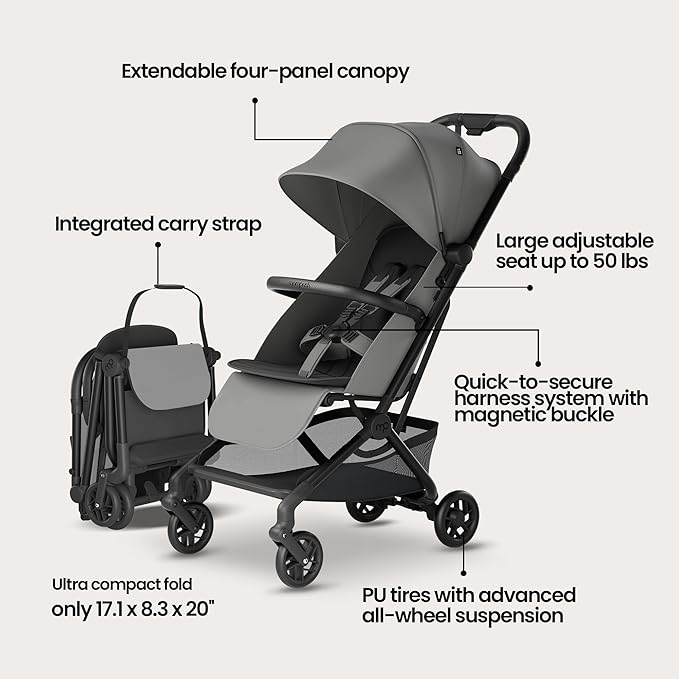 Mompush Velo Lightweight Travel Stroller – One-Hand Fold, Ultra-Compact & Airplane Friendly, Lie-Flat Recline Seat (from Birth to 50 lbs), Includes Cup Holder, Shoulder Strap, and Leather Bumper Bar-BubblyBeeBaby