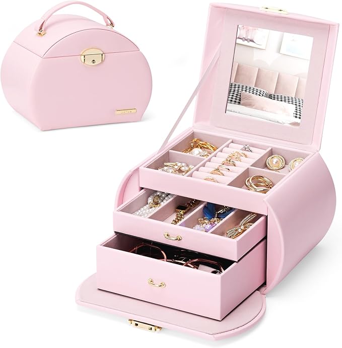 Homde Girls Jewelry Box Jewelry Storage Case Organizer with Mirror for Rings, Earrings, Bracelets, Necklaces (Light Pink + Gold)-BubblyBeeBaby