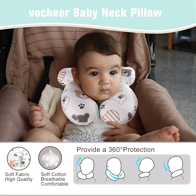 vocheer Baby Travel Pillow(Upgraded), Head and Neck Support Pillow for Pushchair, Car Seat,Stroller, Bouncer, Cotton(Bear)-BubblyBeeBaby