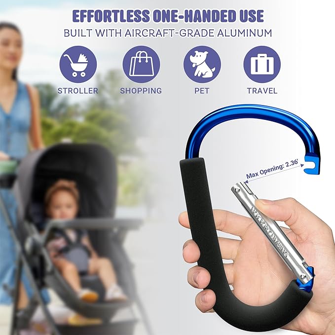 sprookber 6.7 Inch Large Stroller Hooks for Diaper Bags & Purses, Heavy Duty Mommy Hooks for Shopping, Grocery, Backpack – Baby Stroller Accessories, Set of 2 (Bule)-BubblyBeeBaby