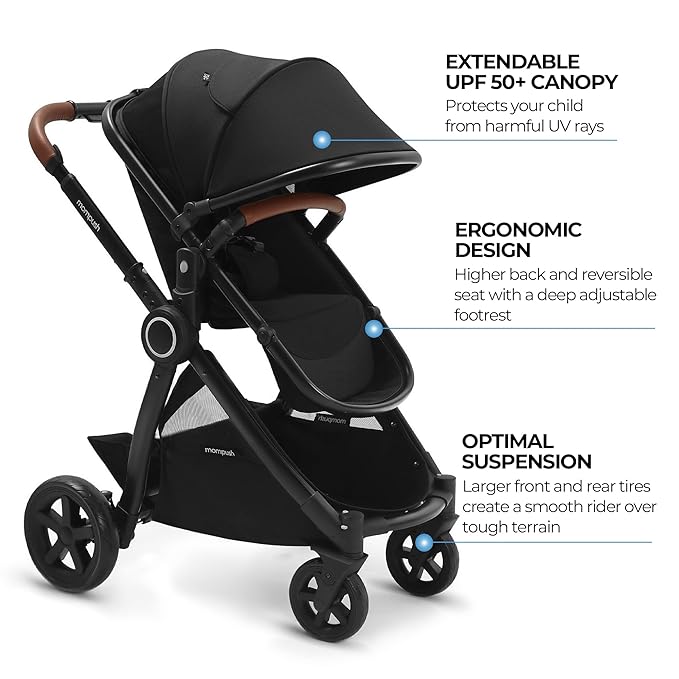 Mompush Ultimate2 Baby Stroller, Premium Convertible Full-Size Stroller for Toddler, Reversible Seat with One Hand Recline Adjustment, Car Seat Adapter Included-BubblyBeeBaby