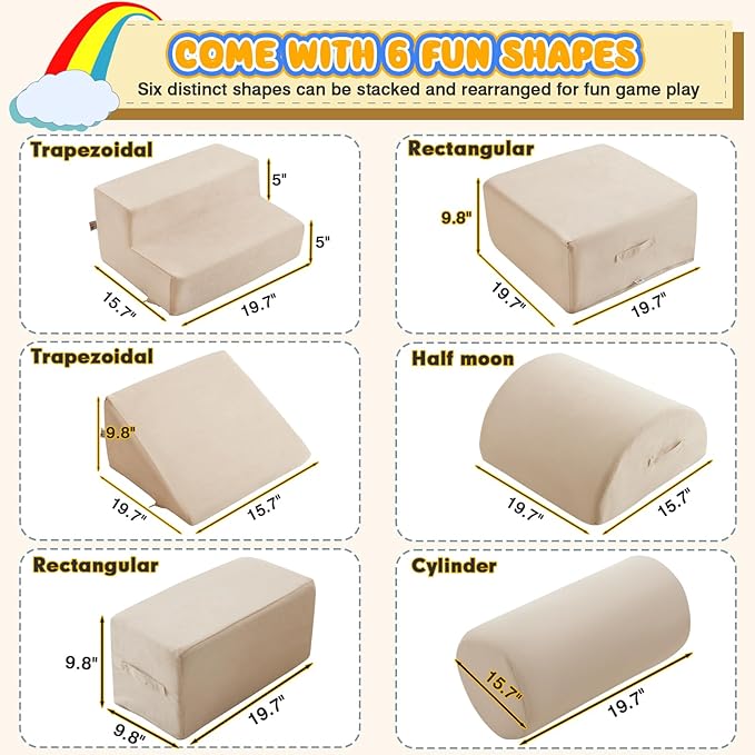 jela Foam Blocks 6Pcs Soft Play Equipment Luxury Miss Fabric, Toddler Climbing Toys Indoor Soft Play Climbing for Toddlers, Lightweight Climbing Blocks for Babies, Kids, Climb and Crawl Foam Playset-BubblyBeeBaby