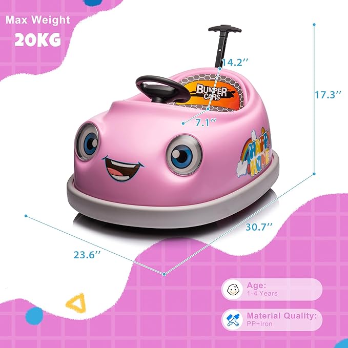 12V Dual Battery Electric Ride on Kids Bumper Car w/Remote Control,360 Degree Spin,Push Rod Rocker Horse Function,3-Speeds Babies & Toddlers Bumping Car Ride on Toy Gift for 1-4 Years Children (Pink)-BubblyBeeBaby