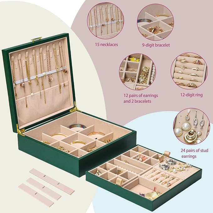 2-layer jewelry box，Jewelry Organizer with Handle，with hanging necklace hooks, detachable jewelry trays, suitable for storing a large amount of jewelry gift box (Large-Green)-BubblyBeeBaby