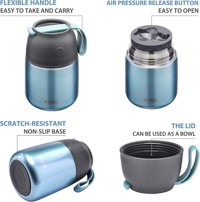 Insulated Thermo Food Jar for Hot & Cold Food for Kids Adult, 17 oz Soup Thermal Hot Food Containers for Lunch, Triple Layer Insulation Stainless Steel Food Jar with Spoon (Lightblue)-BubblyBeeBaby