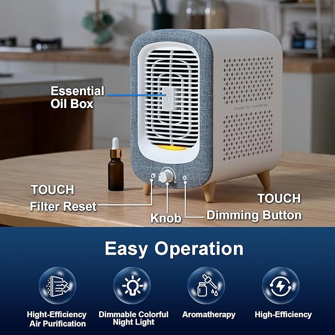 Jafanda Air Purifier for Home Bedroom 780sq ft, HEPA & Activated Carbon, Air Cleaner with Fragrance Sponge & Nightlight for Smoke, Allergies, Dust, Odor, VOC, Pet Dander, Pollen, Office, Desktop,Grey-BubblyBeeBaby