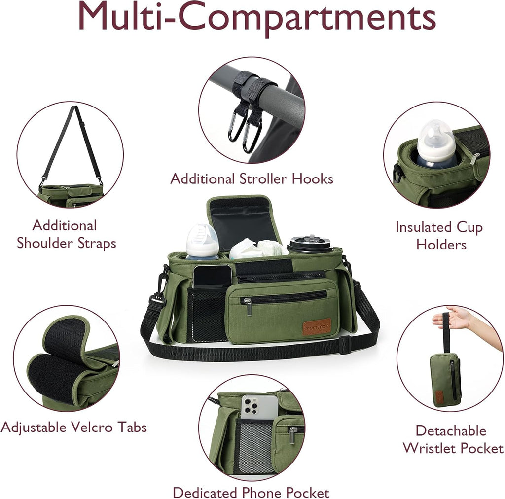 Momcozy Universal Baby Stroller Organizer, 2 Insulated Cup Holder, Detachable Zippered Pocket, Adjustable Shoulder Strap, Large capacity for baby essentials, Compact Design Fits Any Strollers