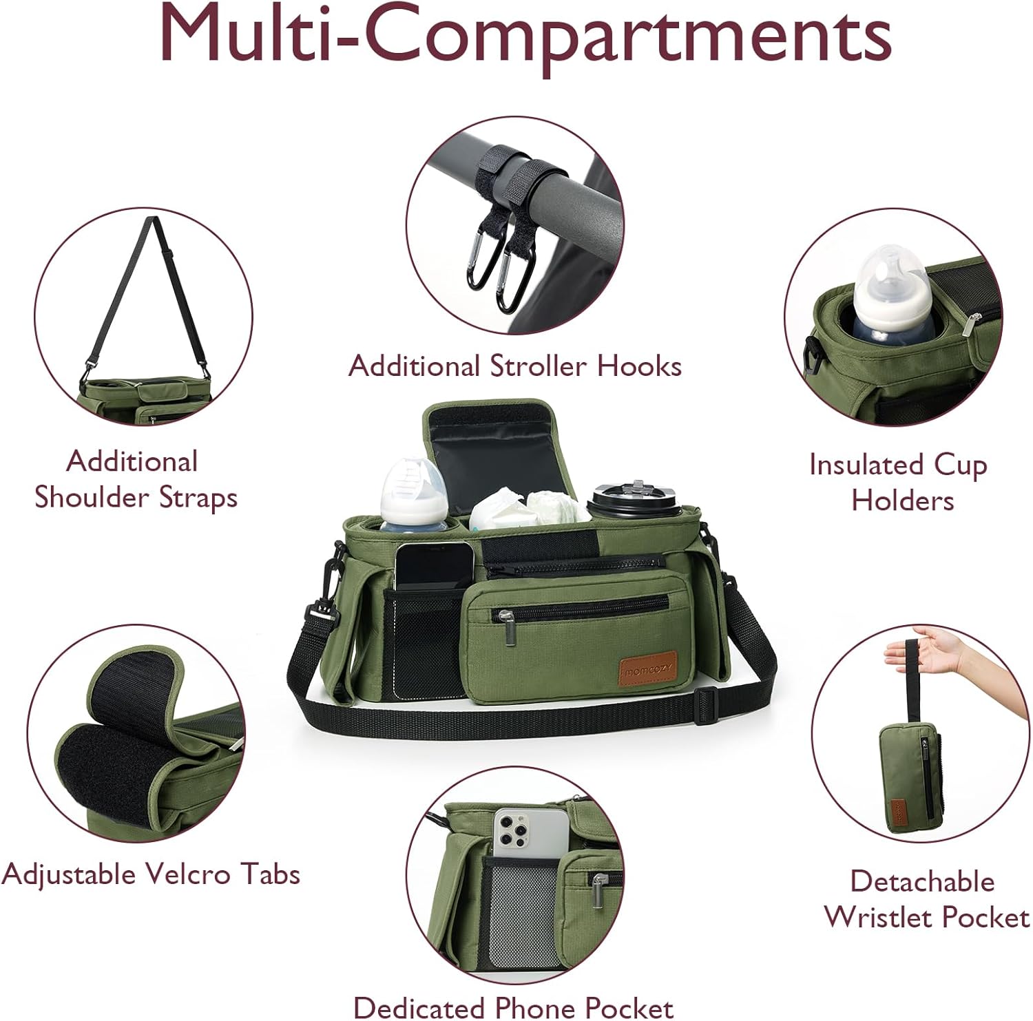 Momcozy Universal Baby Stroller Organizer, 2 Insulated Cup Holder, Detachable Zippered Pocket, Adjustable Shoulder Strap, Large capacity for baby essentials, Compact Design Fits Any Strollers