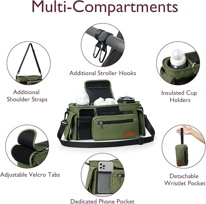 Momcozy Universal Stroller Organizer with Insulated Cup Holder Detachable Phone Bag & Shoulder Strap, Fits for Stroller like Uppababy, Baby Jogger, Britax, BOB, Umbrella and Pet Stroller-BubblyBeeBaby