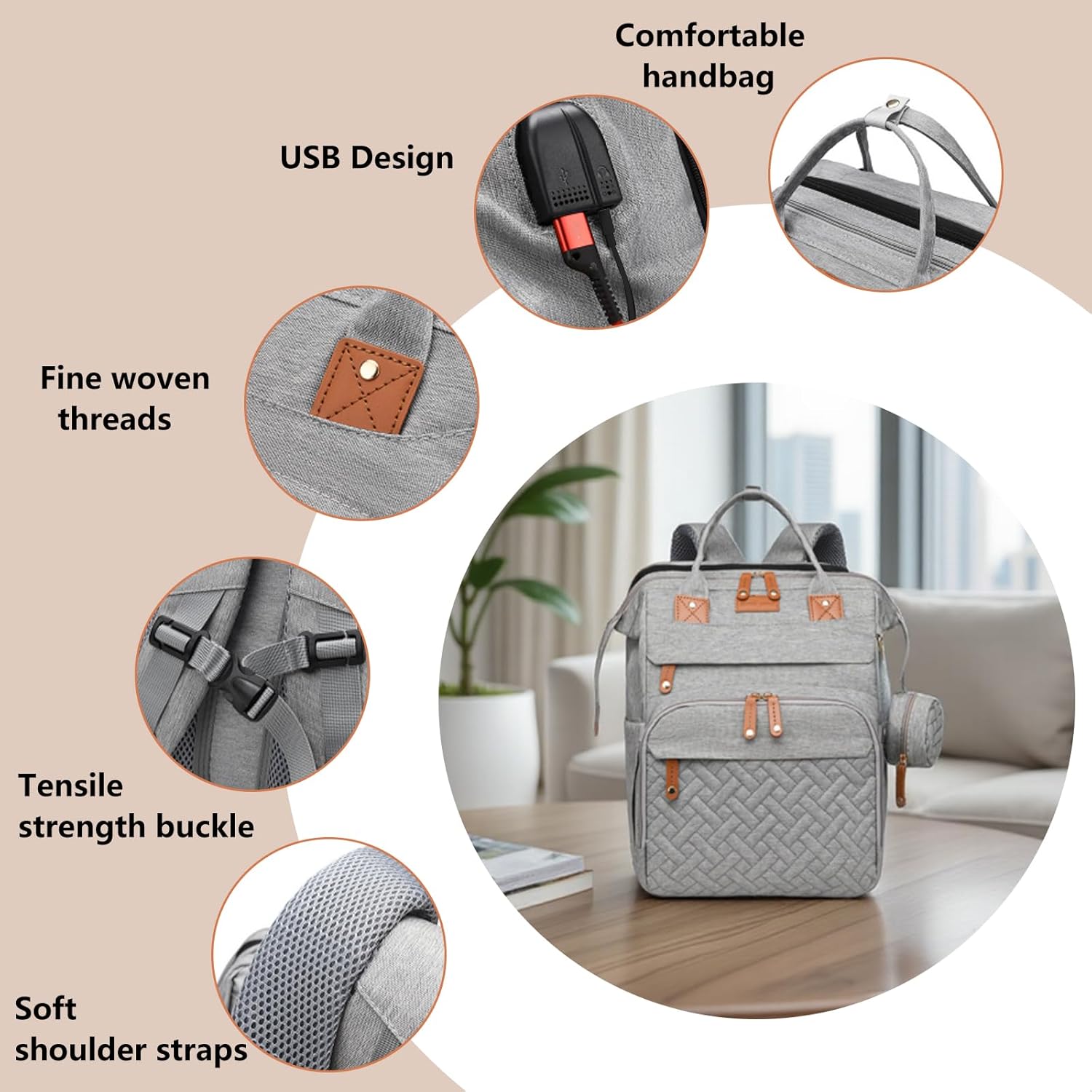 Baby Diaper Bag Backpack with Changing Station, Waterproof Large Capacity Baby Bag with USB Charging Port, Lightweight Travel Backpack Diaper Bag with Portable Crib - Grey