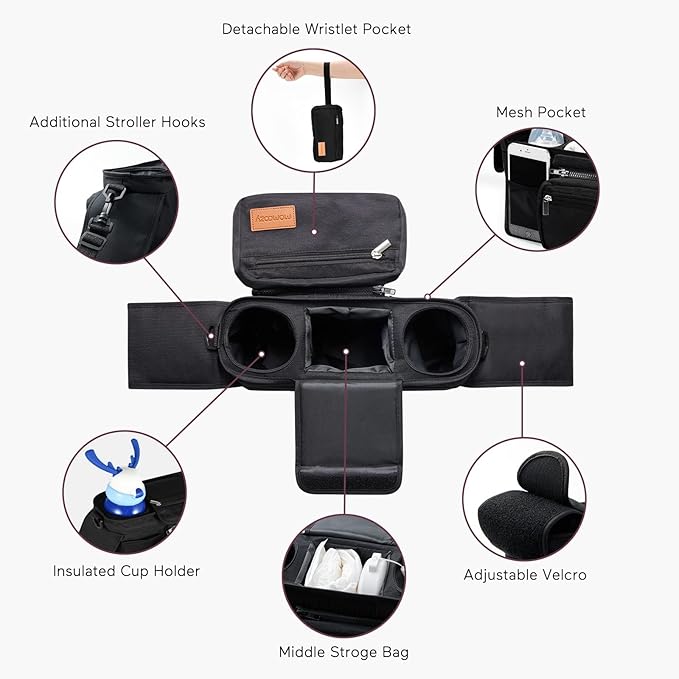 Momcozy Universal Stroller Organizer with Insulated Cup Holder Detachable Phone Bag & Shoulder Strap, Fits for Stroller like Uppababy, Baby Jogger, Britax, BOB, Umbrella and Pet Stroller-BubblyBeeBaby