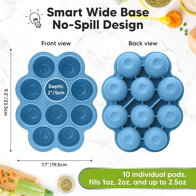 KeaBabies Silicone Food Freezer Trays with Lid, 2oz x 10 Pods Baby Food Storage Containers, Easy Puree Meal Prep, Breast Milk Silicone Freezer Molds, Dishwasher, Microwave Safe, BPA-Free (Misty Blue)-BubblyBeeBaby