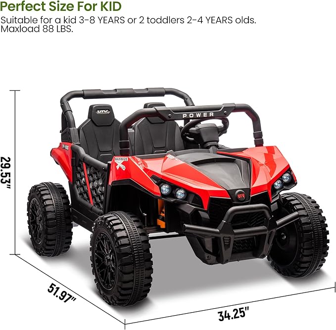 24V 2 Seater Ride On Car Truck, Power Wheels Kids UTV w/Parent Remote Control, 3.1 MPH Max Speed, Music Player, LED Lights & Storage, Electric Vehicle Ride On Toy for Kids Toddler Ages 3-8, Red-BubblyBeeBaby