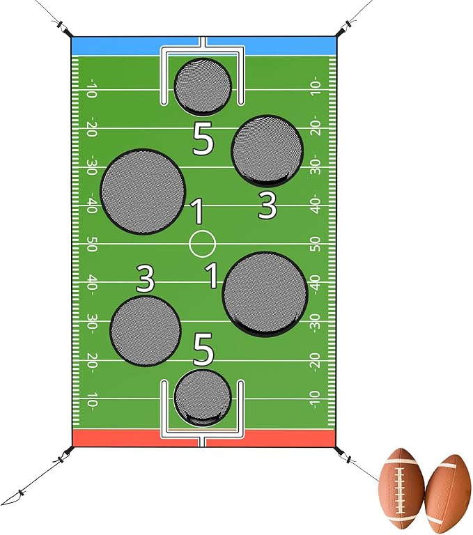 jumpfly Trampoline Football Game Accessories, Toss Throwing Target Net Fits 8 FT/10 FT/12 FT/14 FT Recreational Trampolines with Two Footballs - Trampoline Indoor Outdoor Party Games for Kids-BubblyBeeBaby