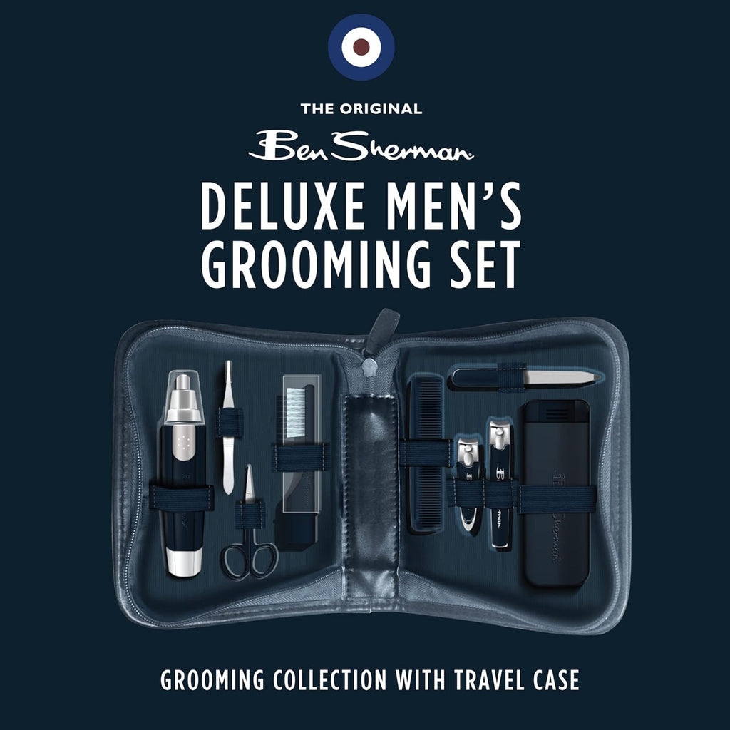 Ben Sherman Nail Clipper Set for Men, 10 Pcs Deluxe Grooming Kit for Men - Includes Nail Clippers, Nose Hair Trimmer, Tooth Brush, Scissors and More. Men's Grooming Kit