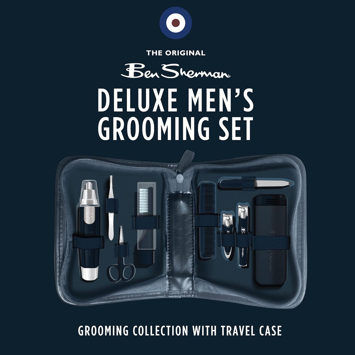 Ben Sherman Nail Clipper Set for Men, 10 Pcs Deluxe Grooming Kit for Men - Includes Nail Clippers, Nose Hair Trimmer, Tooth Brush, Scissors and More. Men's Grooming Kit