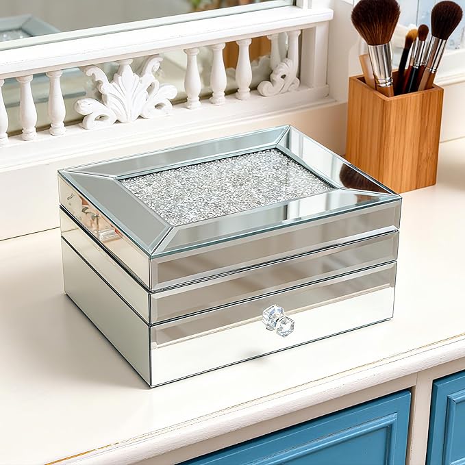 2 Layer Mirror Glass Jewelry Box with Crushed Diamond Decor, Velvet-Lined Trinket Organizer for Rings Earrings Necklaces Bracelets - Elegant Treasure Chest Storage Case for Women Girls-BubblyBeeBaby