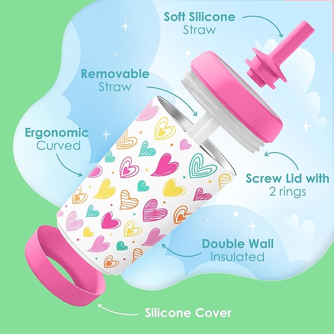 Kid Insulated Stainless Steel Tumbler with Silicone Straw, 12oz Sippy Cup for Kids (Playful Hearts)-BubblyBeeBaby