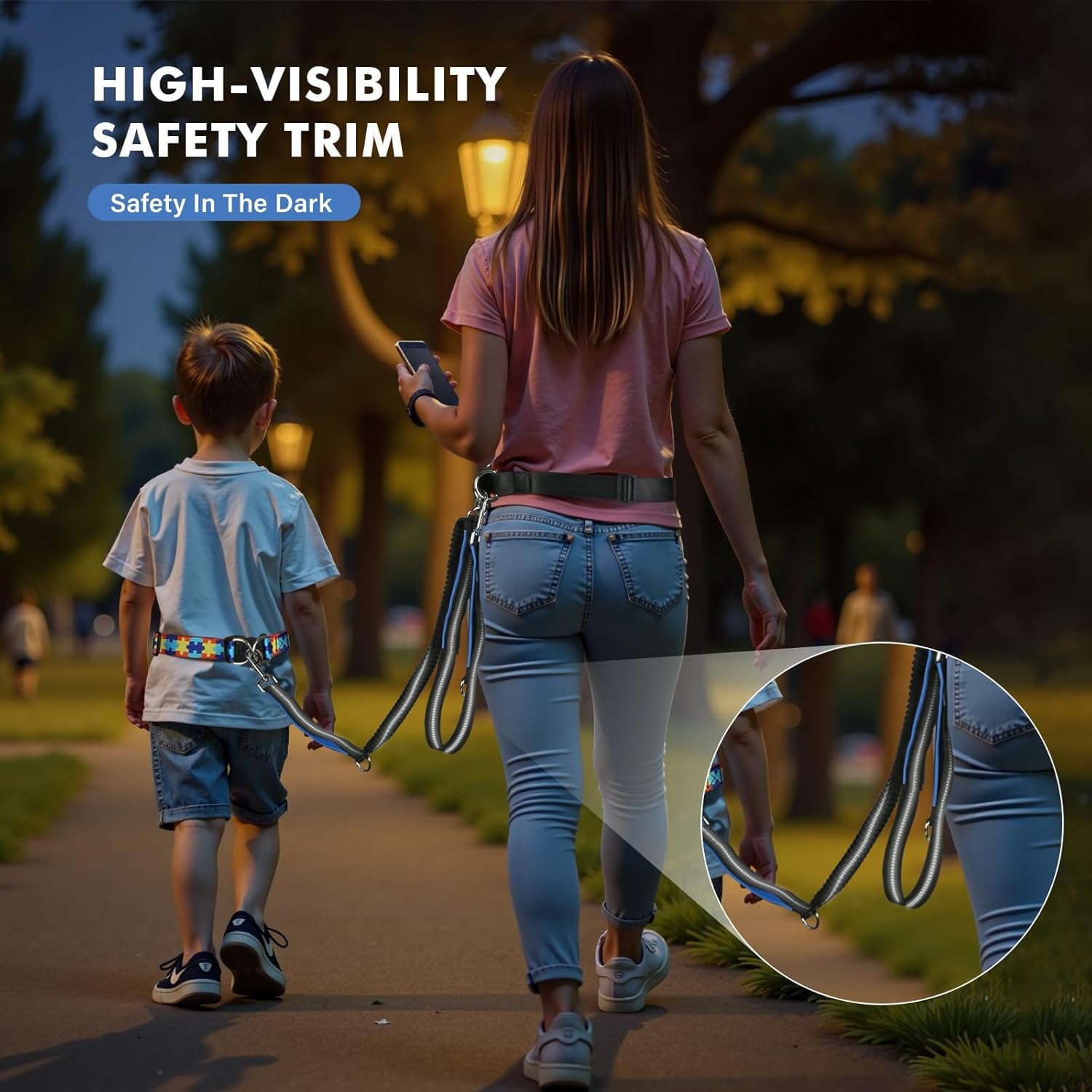 Safety Waist Leash Harness for Kids with Autism, Hands-Free Waist Belt Link with 3 Padded Handles and Durable Bungee, Secure Public Walking for Special Needs ADHD/ASD Autistic Children