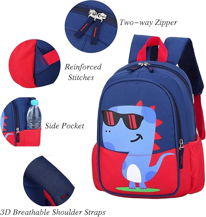 12 inch Kids Small Toddler Preschool Travel Backpack Cool Cute Cartoon Waterproof Daypack (Dinosaur Red)-BubblyBeeBaby