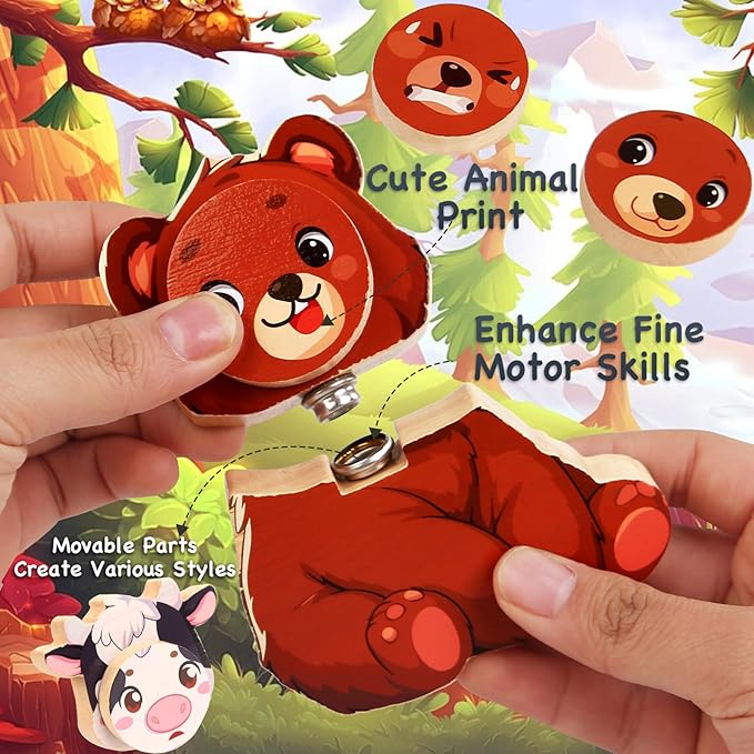 HUZU Animal Snap Wooden Building Blocks – Fun & Educational Puzzle Toy for Kids Aged 3-8, Features Cow, Bear, Lion and Turtle, Matching Game with Interchangeable Animal Faces & Emotions-BubblyBeeBaby