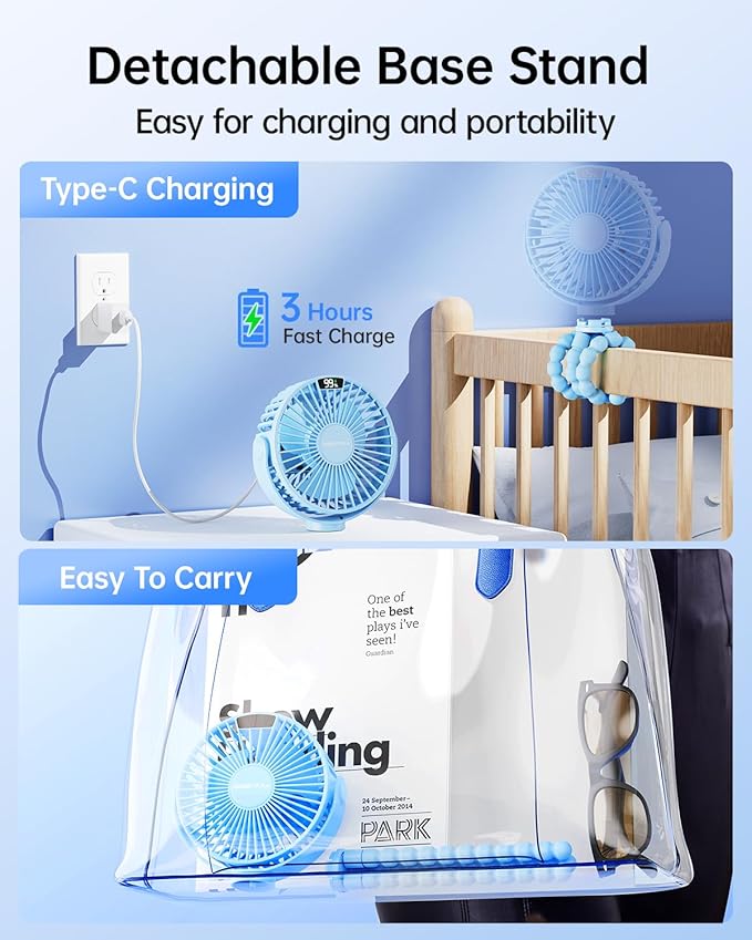 SWEETFULL Portable Stroller Fan with Display 4000mAh Battery Powered Mini Clip On Fan, 4-Speed Rechargeable Small Personal Cooling for Baby Car Seat Crib Travel - Blue-BubblyBeeBaby