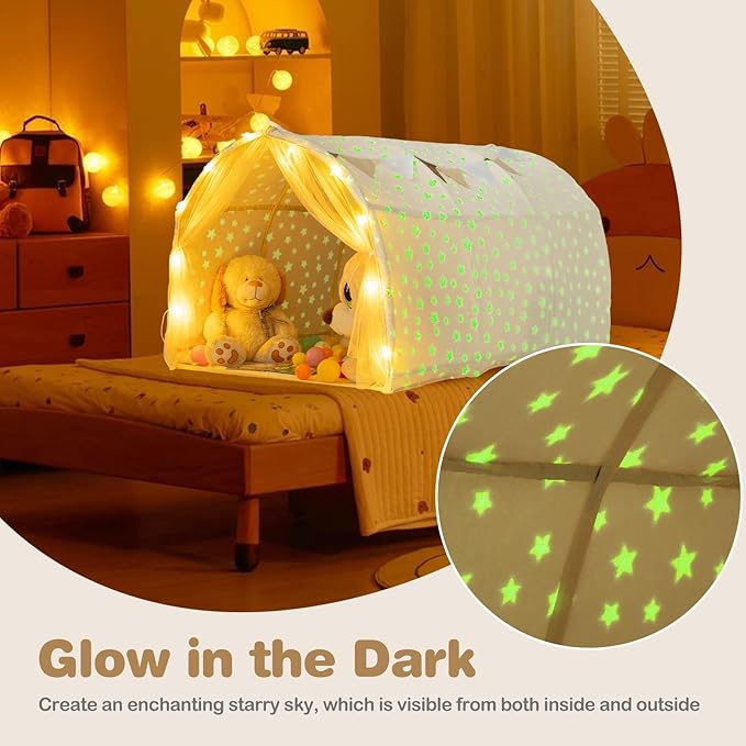 INFANS Kids Bed Tent with Glow in The Dark, Portable Children Playhouse Privacy Space Twin with Mat Star Light Double Net Curtain, Indoor Outdoor Princess Tents Castle for Boys Girls-BubblyBeeBaby