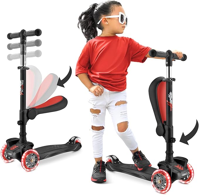 Hurtle 3-Wheeled Scooter for Kids - Wheel LED Lights, Adjustable Lean-to-Steer Handlebar, and Foldable Seat - Sit or Stand Ride with Brake for Boys and Girls Ages 1-14 Years Old-BubblyBeeBaby