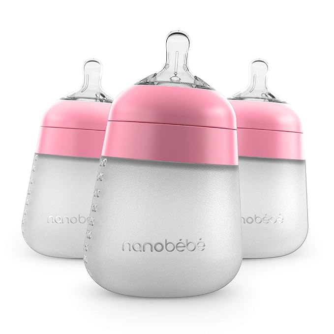Nanobebe Flexy Silicone Baby Bottle, Anti-Colic, Natural Feel, Non-Collapsing Nipple, Non-Tip Stable Base, Easy to Clean, 3-Pack, Pink, 9oz-BubblyBeeBaby