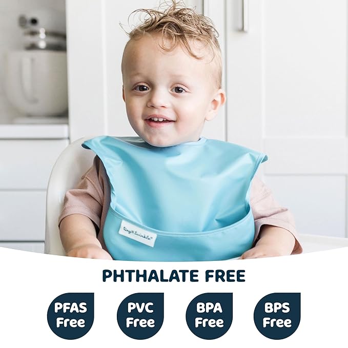 Tiny Twinkle Mess Proof Baby Bibs for Eating - Waterproof, Wipeable Bibs - Toddler Bibs - Travel Friendly - PFAS, PVC, BPA, Phthalate Free - Baby Food Bibs (3 Pack,Slate, Olive)-BubblyBeeBaby