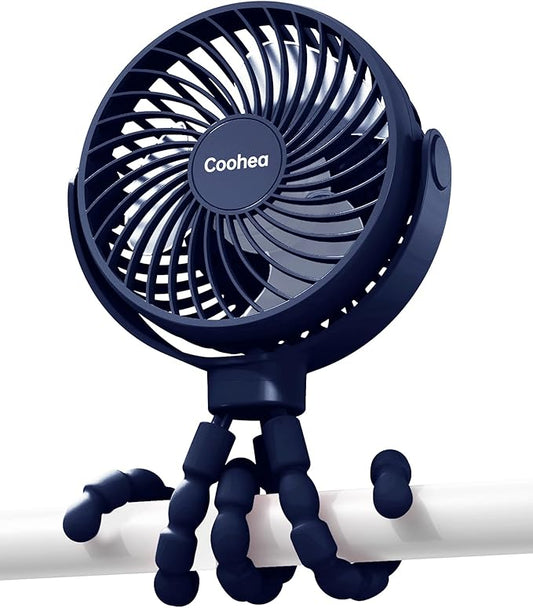 Stroller Fan Clip on for Baby, 4000mAh Rechargeable Battery Operated, Flexible Tripod, 3 Wind Speed, 360° Rotatable, Small Cooling Portable Fan for Car Seat Crib Golf Cart Treadmill, Navy Blue-BubblyBeeBaby