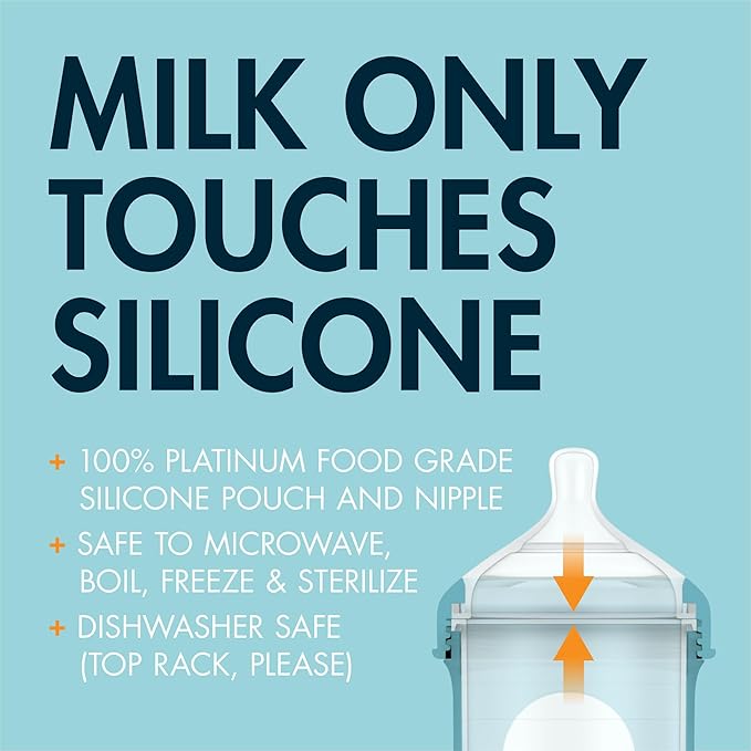 Boon Nursh Reusable Silicone Pouch Baby Bottles - Medium Flow Nipple - Silicone Baby Bottle Pouch and Nipple - Baby Feeding Essentials - Tie Dye - 3-6 Months - 3 Count - 8 Ounce-BubblyBeeBaby