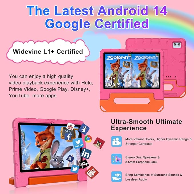 2025 Kids Tablet 10 inch Android 14 Tablets for Kid Octa-Core, 20GB+128GB (TF 1TB), Toddler Tablet with Shockproof Case, 2.4G+5G WiFi 6, Parental Control, Face Unlocked, Split Screen, BT5.0 (Rose Red)-BubblyBeeBaby