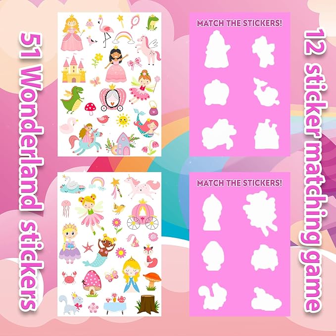 Jelly Sticker Books for Toddlers 2-4 Travel Essentials, Reusable Sticker Book + 8 Scenes + 2 Matching Games + 51 Large Princess Stickers for 1-3 Toddler Activities (Wonderland)-BubblyBeeBaby
