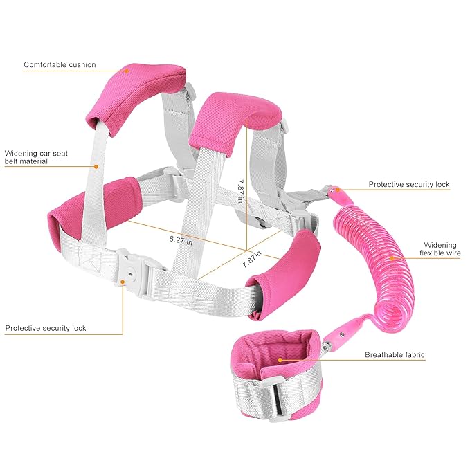 2 in 1 Toddler Leash Anti Lost Wrist Link Pink Safety Harness with Lock for Kids, Baby Leash Anti Lost Wrist Link Safety Wrist Link for Toddlers(Pink 8.2 Ft) …-BubblyBeeBaby